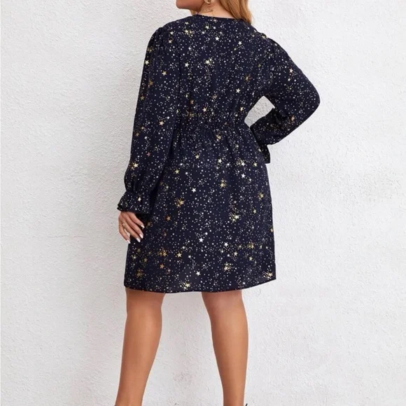 Navy blue gold stars flounce sleeve holidays party dress - Picture 7 of 8